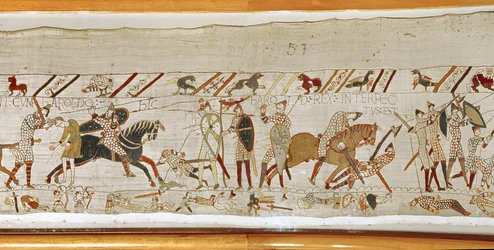 Muitos caem em batalha e o rei Harold é morto, Bayeux Tapestry